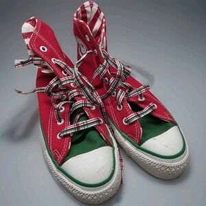 Vintage Converse All Star Christmas High Tops Plaid Laces Bells USA Size 4